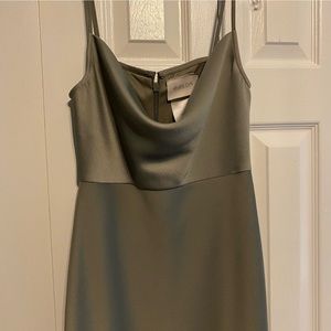 BHLDN luxe satin dress in Moss color. Size 0 midi length. Cowl neck